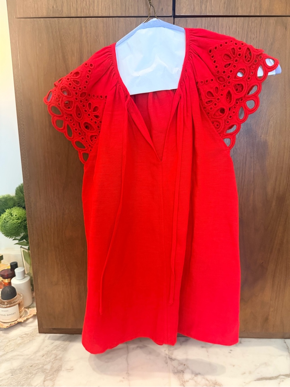 Tahari Red Eyelet Flutter Sleeve Tunic